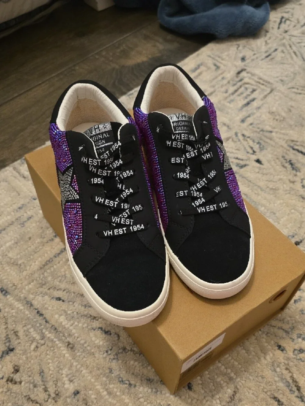Vintage Havana Black Sneakers with Purple Rhinestone Accents